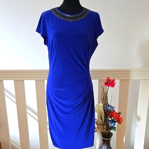 Cache | NWT Blue Round Chain Neckline Sheath Dress